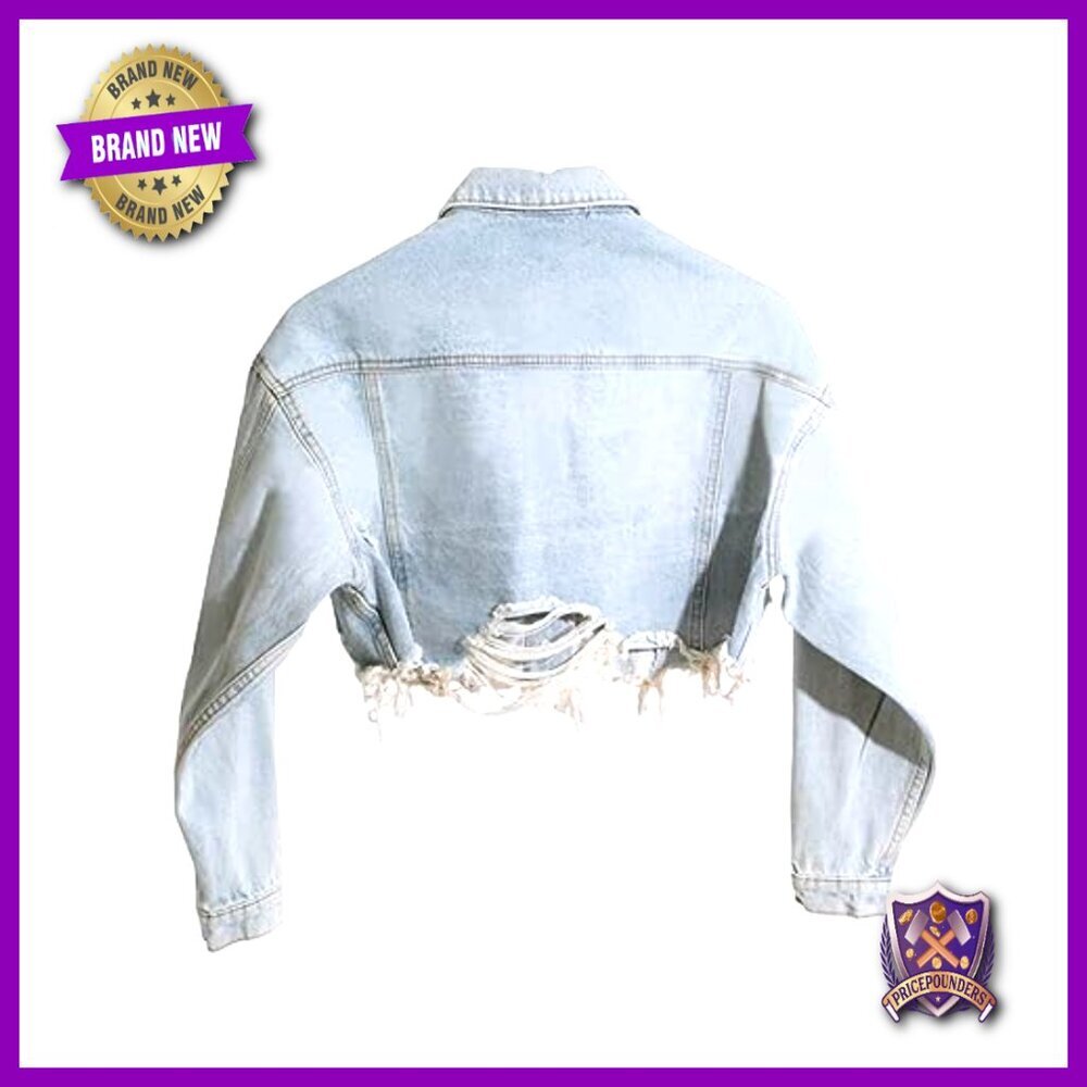 Cropped Denim Jacket Distressed Ripped Vintage Chic Casual Button Up Long Sleeve - Picture 4 of 6
